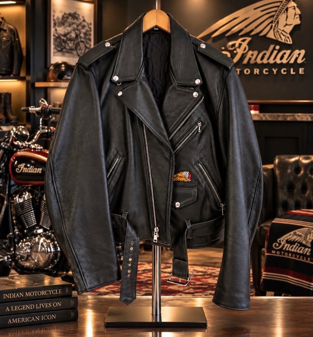 Vintage Indian Motorcycle Men's Leather Riding Jacket – USA Flag – Size 46